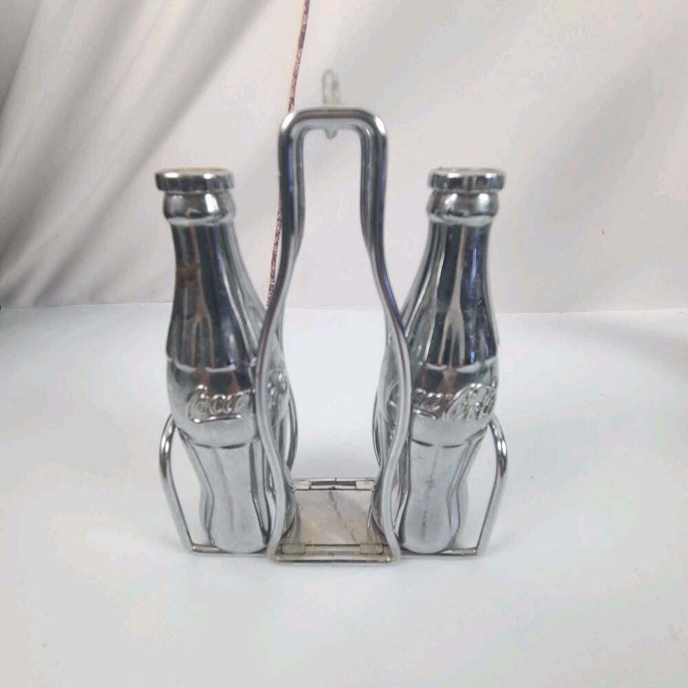 Coca-Cola Coke Bottle Salt & Pepper Shakers with Caddy Holder - Chrome Die Cast